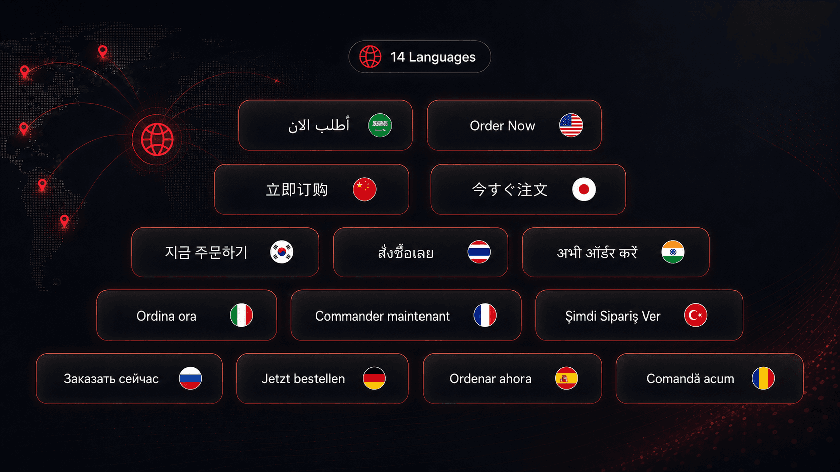 The words Order now shown in the fourteen languages Ramlyon is translated into, over a world map
